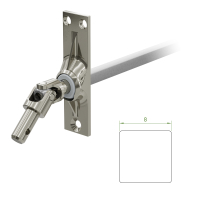 Ein Geiger Gelenklager G032 mit einer Grundplatte von 22 mal 85 mm und einem verchromten Kurbelzapfen von 11,9 mm. Der Abtrieb zum Rollladengetriebe ist ein 8 mm verzinkter Vierkant, 300 mm lang. Verkauf von Diwaro.