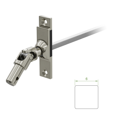 Ein Geiger Gelenklager G038 mit einer Grundplatte von 17 mal 73 mm und einem verchromten Kurbelzapfen von 11,9 mm. Der Abtrieb zum Rollladengetriebe ist ein 6 mm verzinkter Vierkant, 300 mm lang. Verkauf von Diwaro.