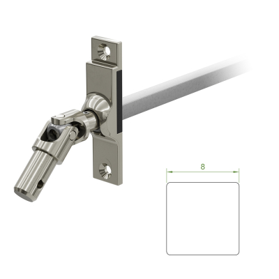 Ein Geiger Gelenklager G041 mit einer Grundplatte von 17 mal 73 mm und einem verchromten Kurbelzapfen von 11,9 mm. Der Abtrieb zum Rollladengetriebe ist ein 8 mm verzinkter Vierkant, 300 mm lang. Verkauf von Diwaro.