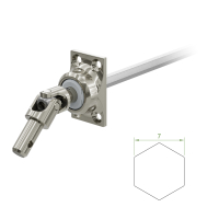 Ein Geiger Gelenklager G051 mit einer Grundplatte von 27 mal 45 mm und einem verchromten Kurbelzapfen von 9,9 mm. Der Abtrieb zum Rollladengetriebe ist ein 7 mm verzinkter Sechskant, 300 mm lang. Verkauf von Diwaro.