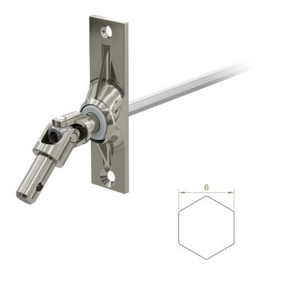 Ein Geiger Gelenklager G004 mit einer Grundplatte von 22 mal 85 mm und einem verchromten Kurbelzapfen von 9,9 mm. Der Abtrieb zum Rolladengetriebe ist ein 6 mm verzinkter Sechskant, 300 mm lang. Verkauf von Diwaro.