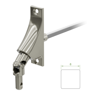 Ein Geiger Gelenklager G060 mit einer Grundplatte von 22 mal 85 mm und einem verchromten Kurbelzapfen von 9,9 mm. Der Abtrieb zum Rollladengetriebe ist ein 6 mm verzinkter Vierkant, 300 mm lang. Verkauf von Diwaro.