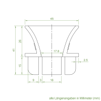 Technische Zeichnung des Einlauftrichters mit den Maßen 45 x 42 mm.