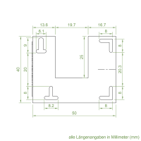 Technische Zeichnung des Einlauftrichters mit den Maßen 50 x 40 mm.