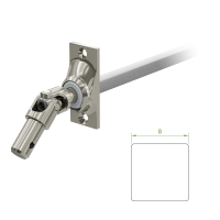 Ein Geiger Gelenklager G021 mit einer Grundplatte von 22 mal 52 mm und einem verchromten Kurbelzapfen von 11,9 mm. Der Abtrieb zum Rollladengetriebe ist ein 8 mm verzinkter Vierkant, 300 mm lang. Verkauf von Diwaro.